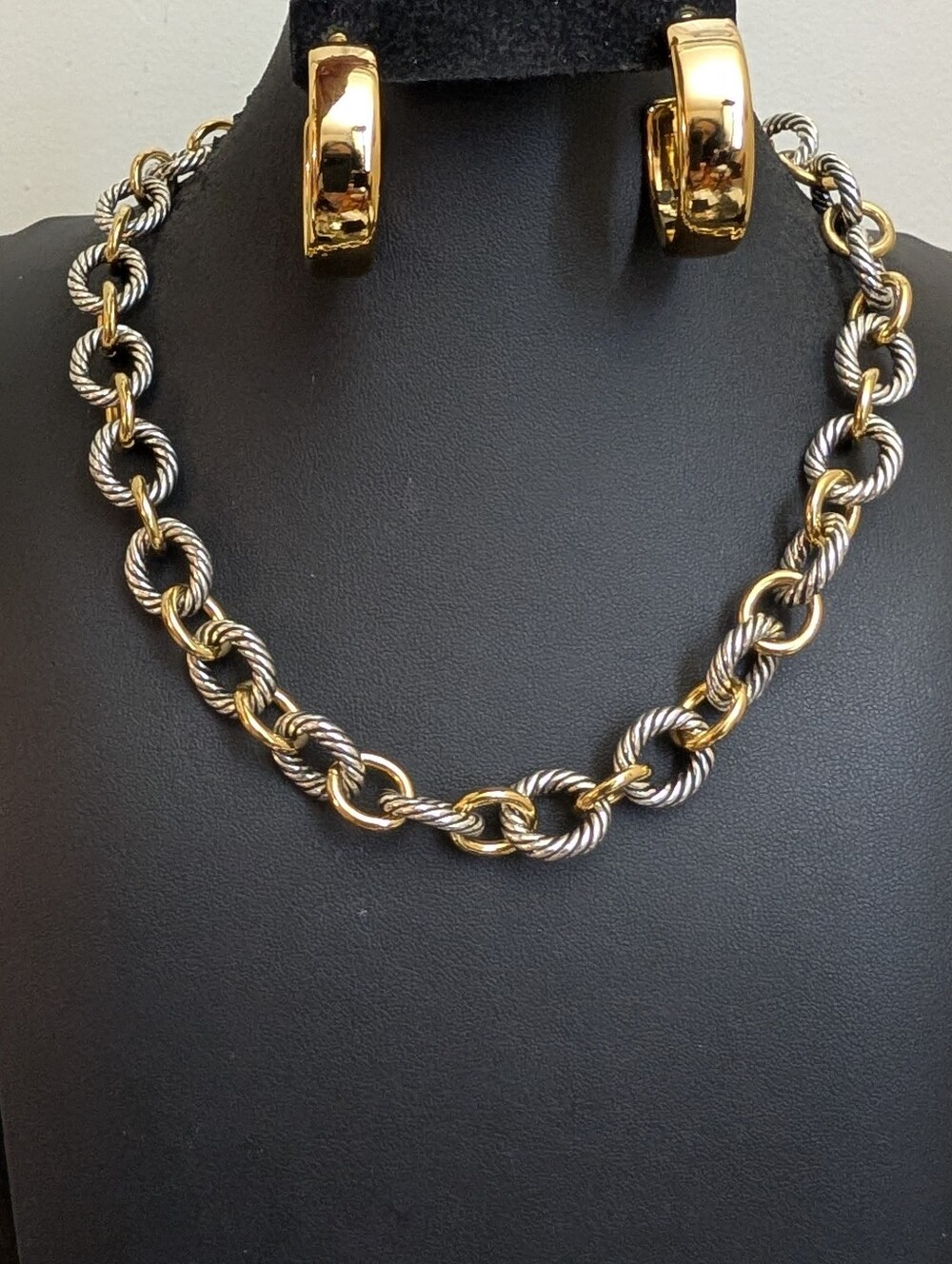 Vintsge PremierTwo-Tone Gold and Silver Rope Link Necklace & Hoop Earrings